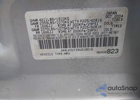 2005 Mitsubishi Outlander Ls from USA, damaged, VIN JA4LX31F55U018016